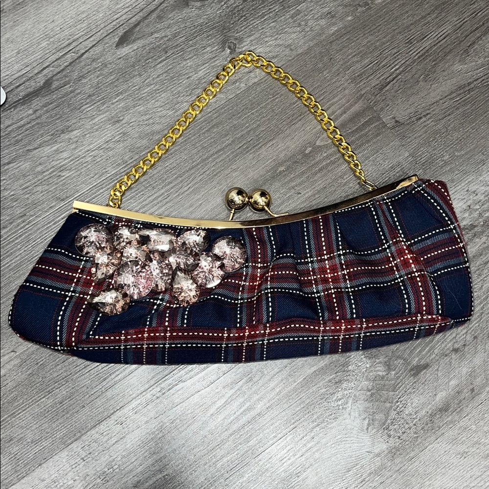 Deux Lux tartan print shoulder bag/clutch purse with rhinestones embellishments